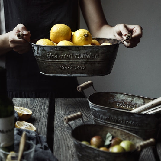 Rustic Vintage Iron Fruit Storage Basket With Handles Traditional Cottage Decor Retro Bread Bin Flower Pot Vintage Kitchen Decor