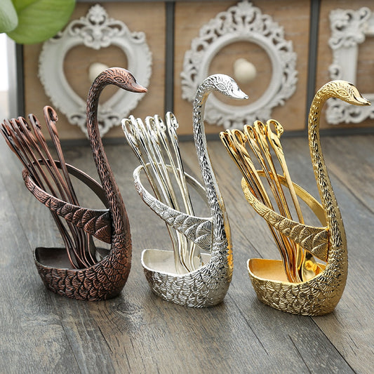 Golden Swan Salad Serving Set Gold Silver Or Bronze Swan Base Holder With 7 Pcs Set Stainless Steel Salad Forks Coffee Dessert Spoons