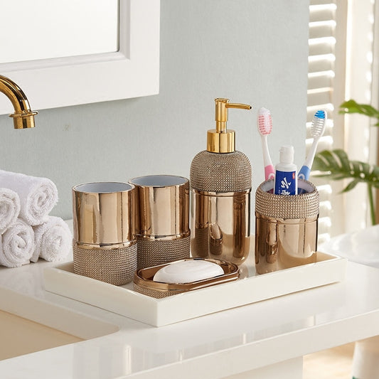 Modern Bathroom Accessories Resin Bronze Silver Soap Dispenser Toothbrush Holder Gargle Cup Soap Dish Tidy Solution Stylish Washroom Hardware Set