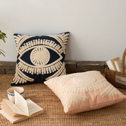 Bright Eye Ivory Navy Cushion Cover 45x45cm Pillow Case For Sofa Cushions Embroidered Cotton Covers For Living Sofa Throw Cushions Bedroom Interior Decor