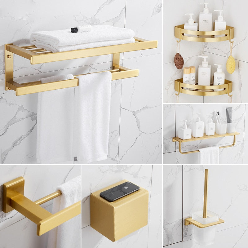 Brushed Gold Bathroom Series Modern Elegant Designer Bathroom Fittings Bathroom Shelf Shower Rack Loo Roll Holder Towel Rack For Washroom Bathroom