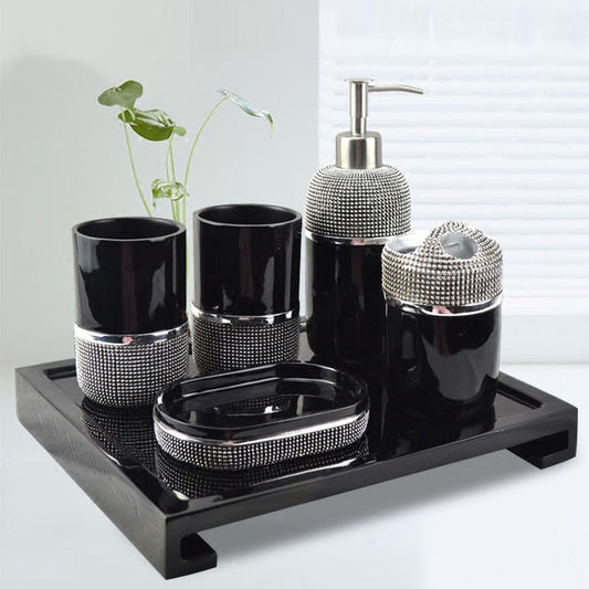 Modern Bathroom Accessories Kit Finished In Black Or White Resin Soap Dispenser Gargle Cup Toothbrush Holder Stylish Washroom Hardware Modern Bathroom Decor