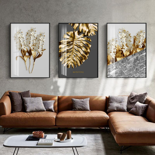 Nordic Tropical Golden Leaves Wall Art Modern Creative Fine Art Canvas Prints Minimalist Botanical Pictures For Luxury Living Room Salon Wall Art Decor