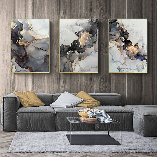 Modern Abstract Gray Golden Geometric Wall Art Fine Art Canvas Prints Pictures For Luxury Loft Living Room Contemporary Home Office Interior Decor