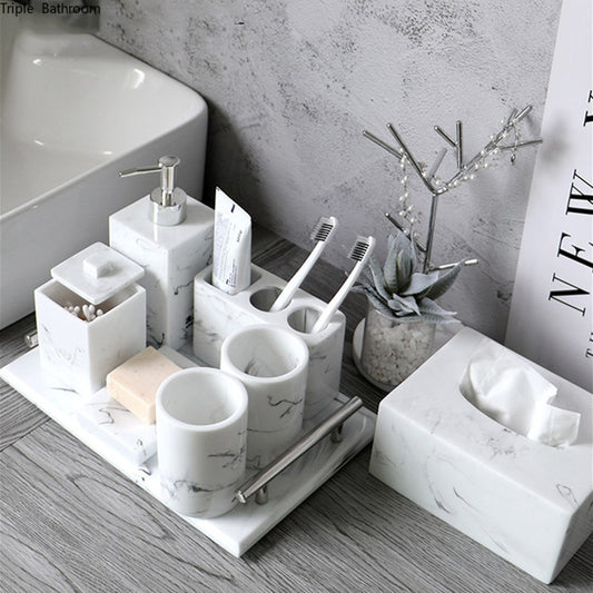 Light Grey White Marble Design Bathroom Accessories Soap Dispenser Toothbrush Holder Soap Dish Gargle Cup Wash Set Storage Tray Essential Washroom Supplies