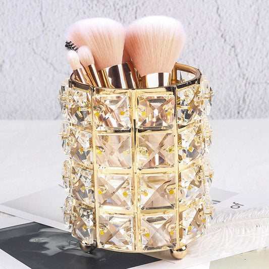 Crystal Beads Bling Makeup Storage Pot Cosmetics Organizer Jewelry Box Gold Or Silver Metal With Crystal Beads Glam Bedroom Decor