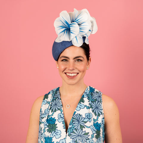 Blue race day hat Eleanor Beret in Straw with Silk Poppies in Blue