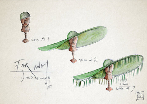 Costume drawing of a hat in three stages, the finished hat is green with a large brim and tassel trim 