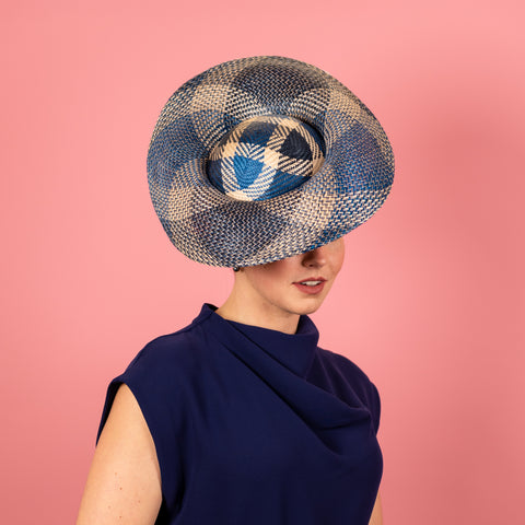 Blue Race day hat Gabriela Shaped Hat in Blue, Cream and Navy with silk poppy trim