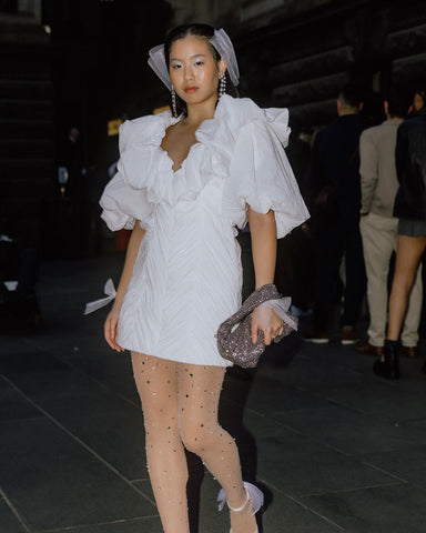 Priscilla Goh at MFW by Joel Parkinson in Acler and Lauren J Ritchie Millinery