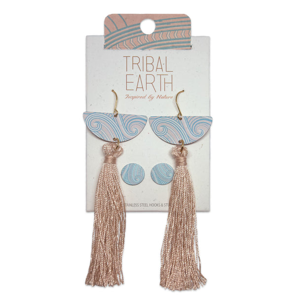 Rose gold coloured earring set, round studs and long tassel earrings. Tribal Earth New Zealand