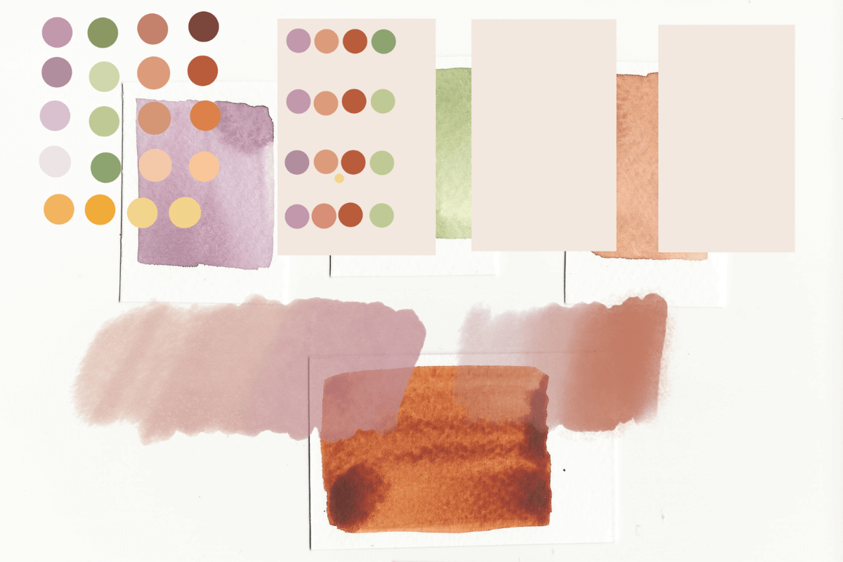 a messy digital file with colour swatches in terracotta, green, lilac and yellow.