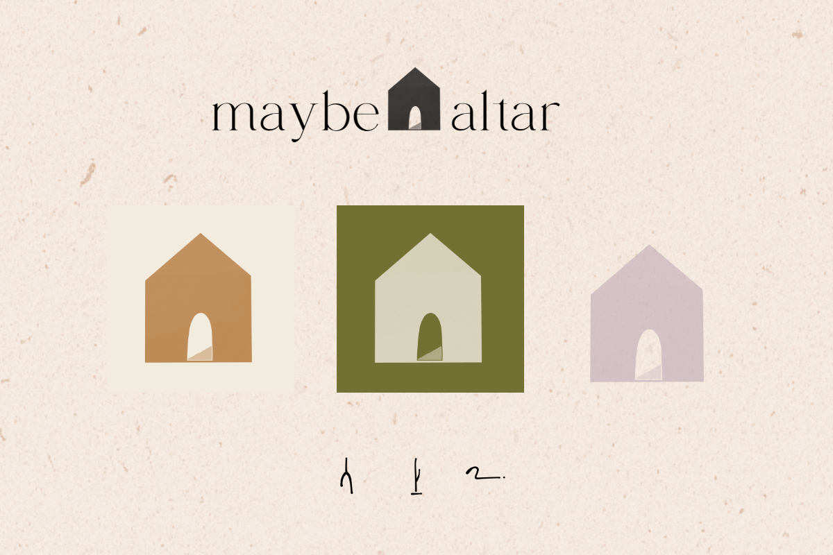 the maybe altar logo on a cream background. The logo is the silhouette of a house with an open door.