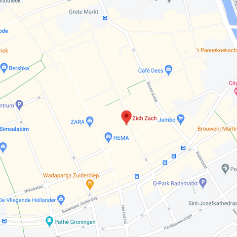 Kaart van Groningen, met daarop de locatie van de winkel aangegeven met een pin