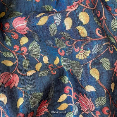 Fabric Pandit Fabric Dusty Blue & Yellow Kalamkari Digital Printed Tussar Silk Fabric (Width 44 Inches)
