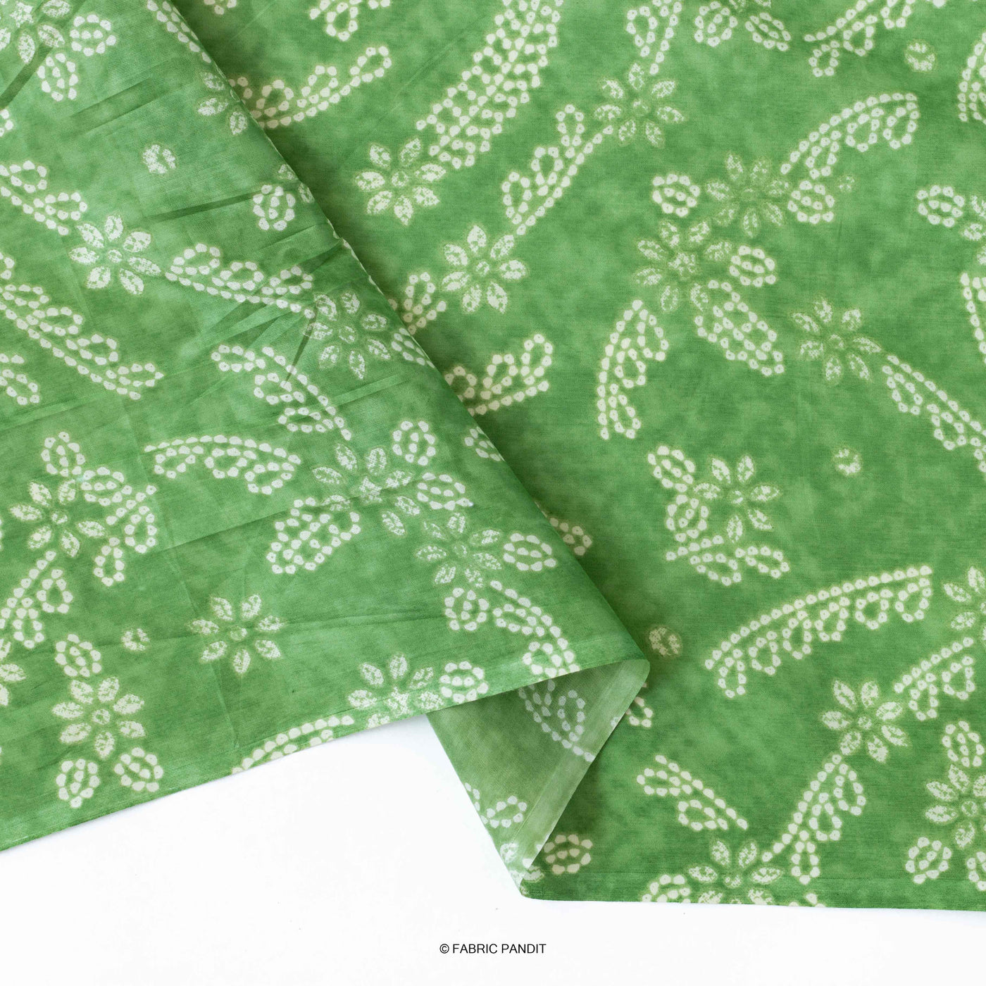 Fabric Pandit Fabric Green and White Pure Batik Natural Dyed Floral Pattern Pure Cotton Voile Fabric (Width 42 Inches)
