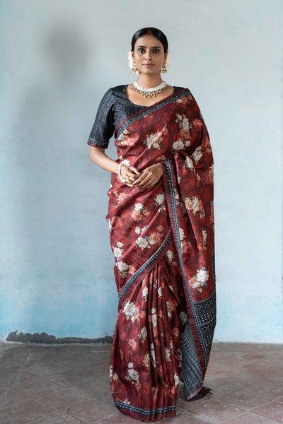 Fabric Pandit Saree Classic Red Melody of Flowers Digital Printed Dhakkai Tussar Silk Kothapatti Saree