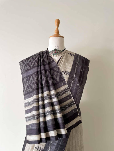 Fabric Pandit Saree Pista Cream and Black African Kuba Weave Digital Printed Dhakkai Tussar Silk Kothapatti Saree