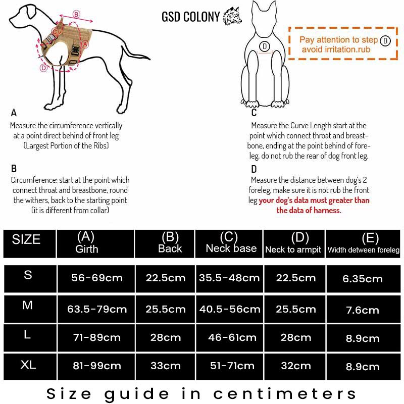 Measure chart for TACTICZEN™ tactical dog harness - centimeters