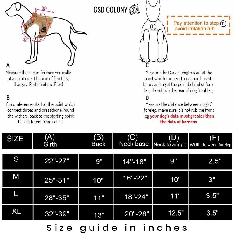 Measure chart for TACTICZEN™ tactical dog harness - inches