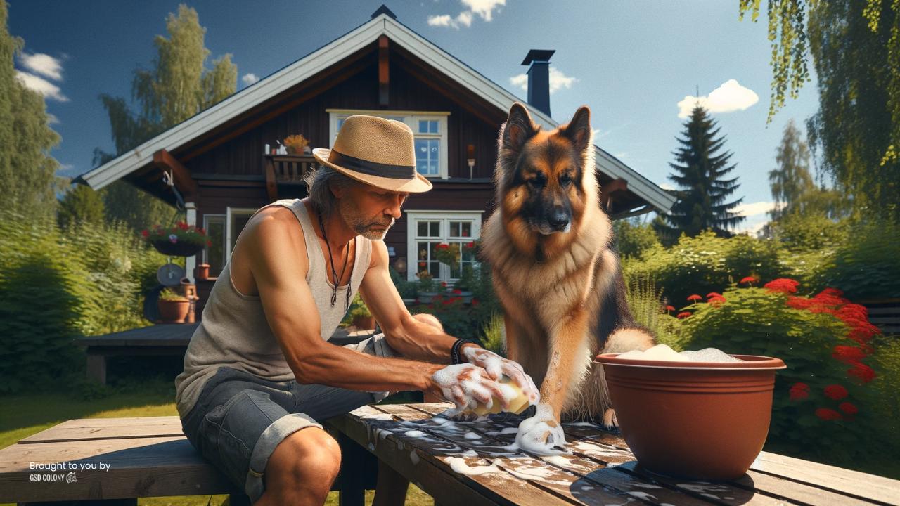 Dog owner cleaning German Shepherd dog paws