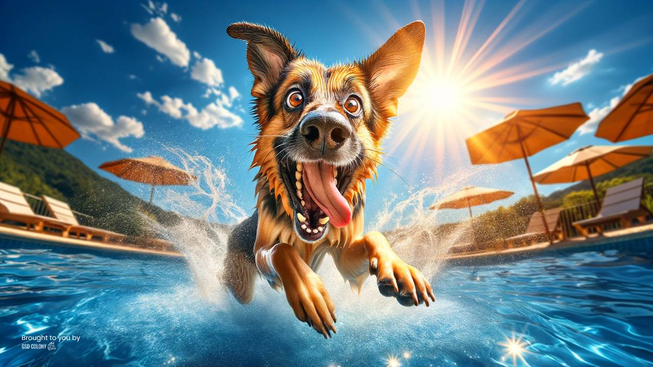 Funny German Shepherd jumping into water