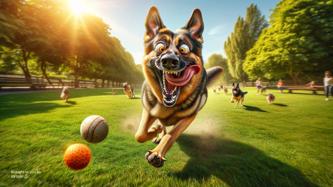 Funny German Shepherd running chasing his favorite ball in the park