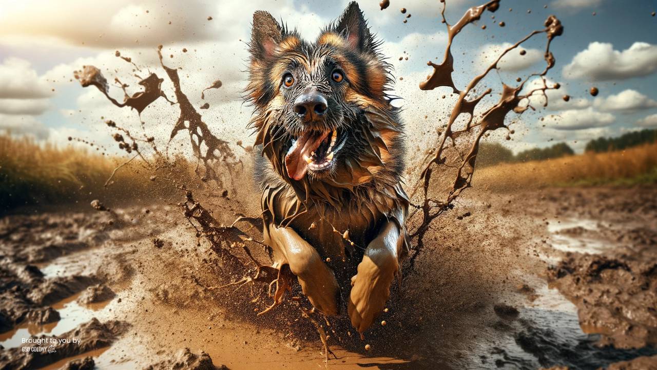 Funny German Shepherd running into mud muddy water