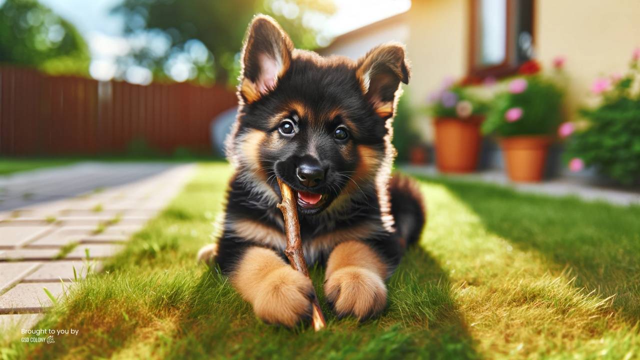 German Shepherd Chewing Biting Stick