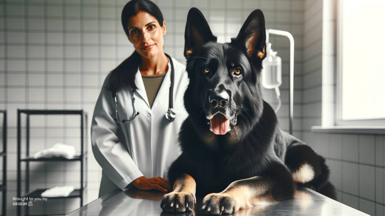 German Shepherd dog at the vet station with veterinarian