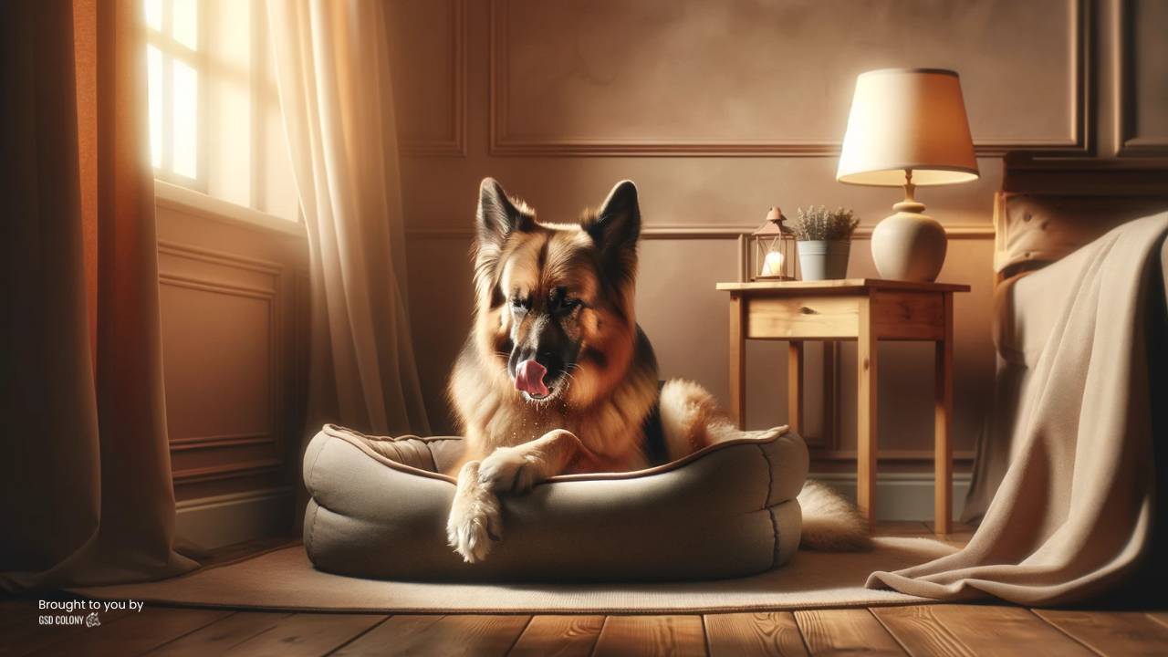German Shepherd dog in the dog bed licking his paws