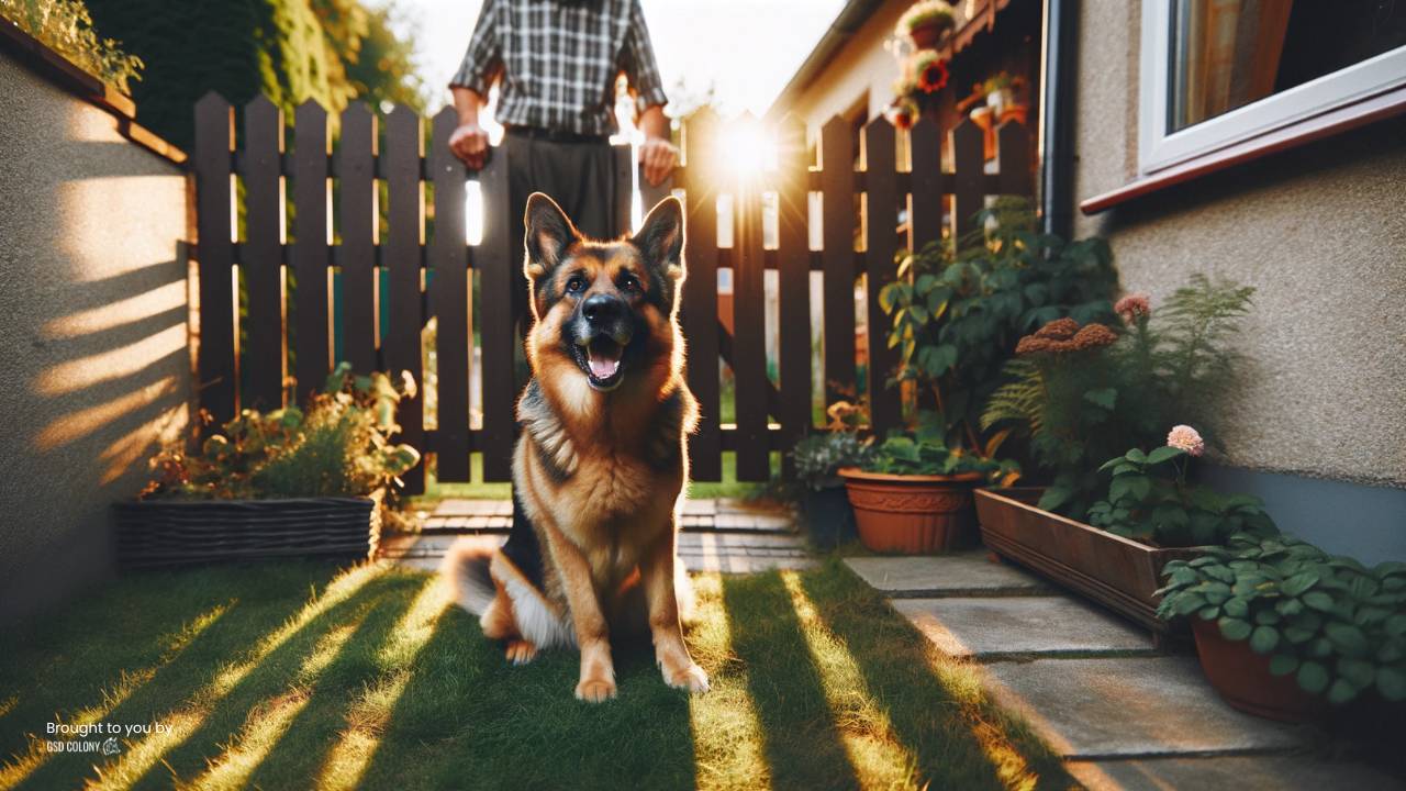 German Shepherd dog waiting his owner near the fence