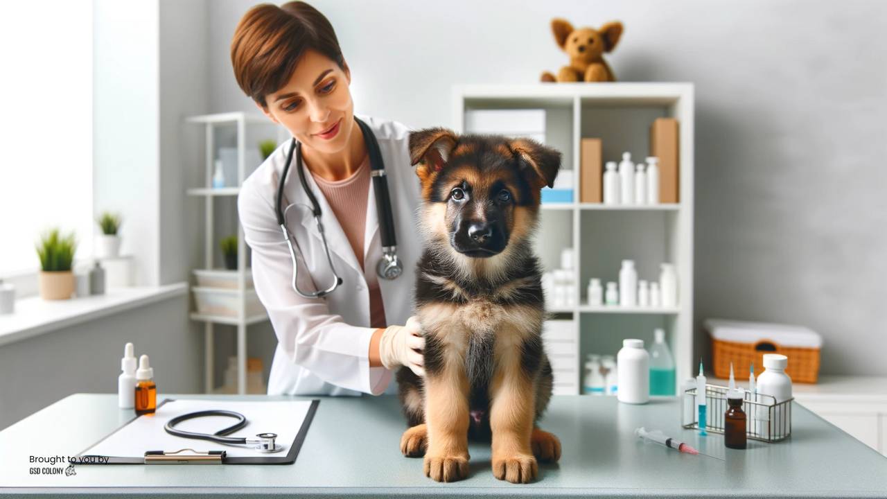 German Shepherd puppy at vet station on vet check