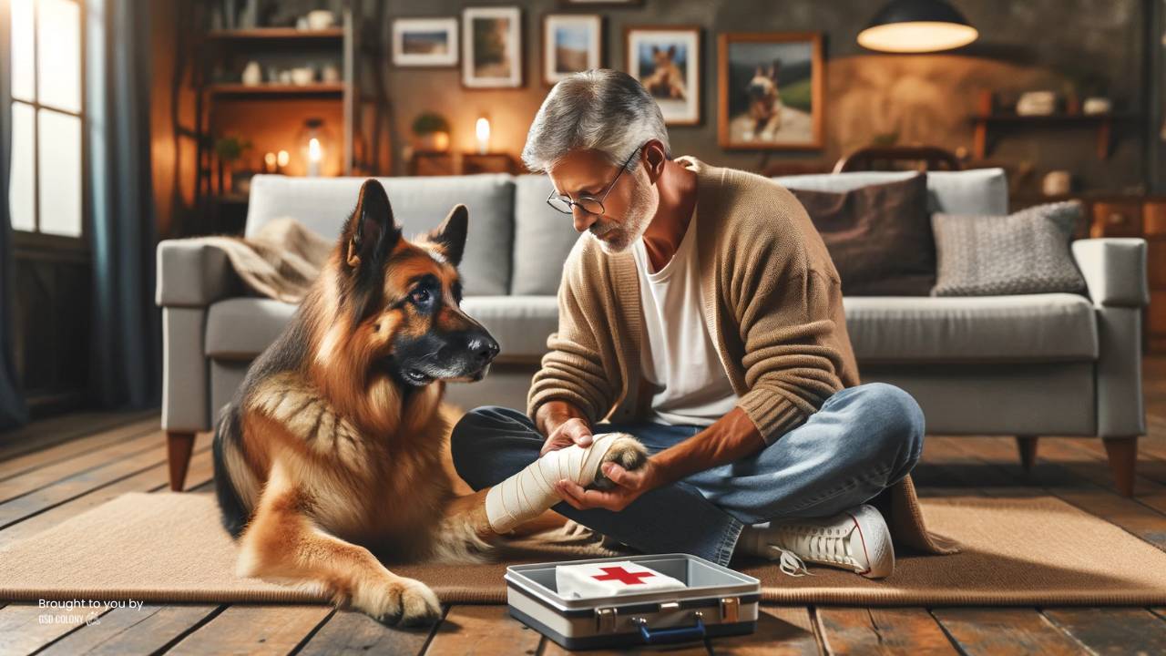 Owner taking care of injured German Shepherd paw