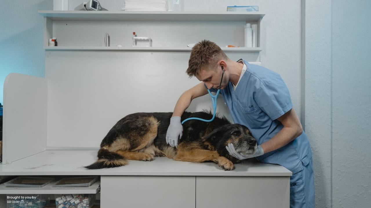 Senior German Shepherd dog at vet station