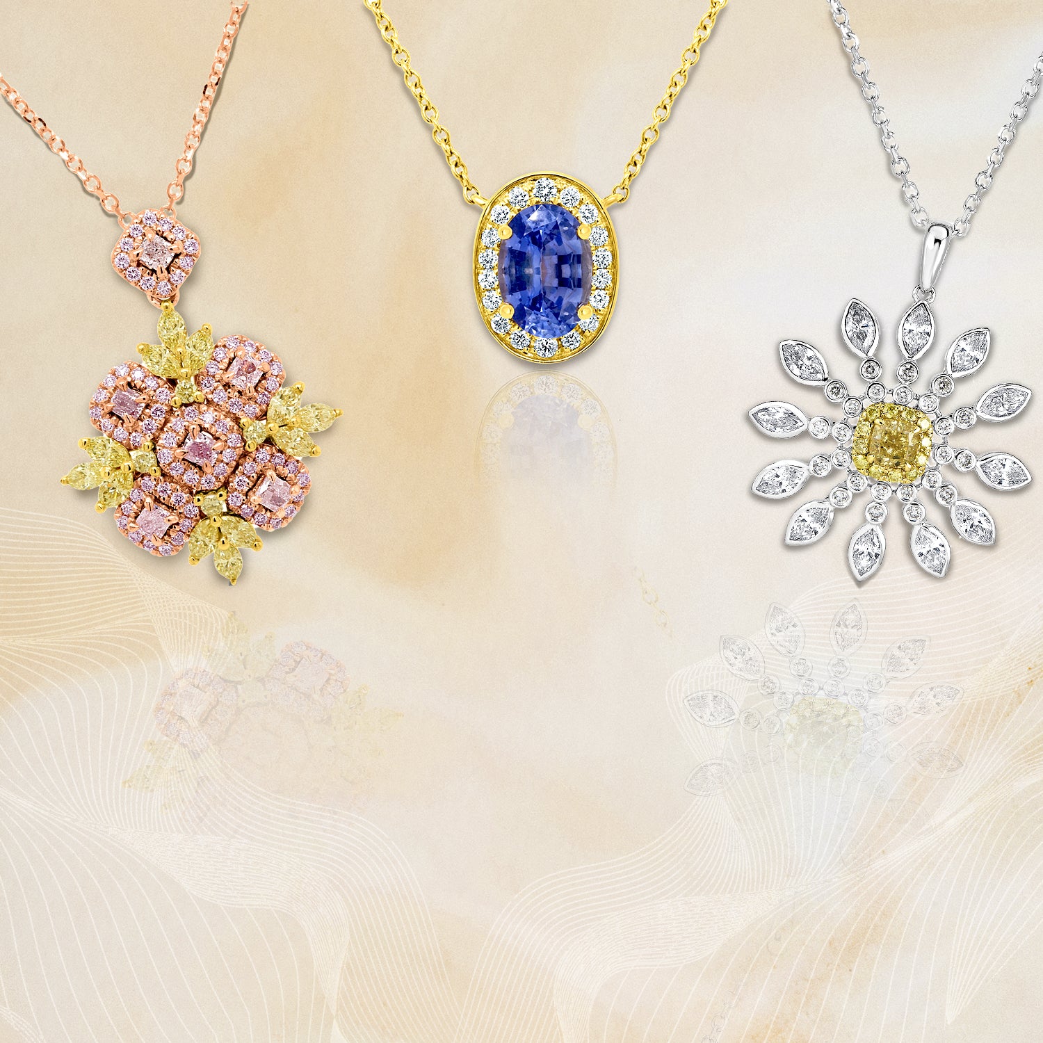 Blue Sapphire, Pink & Yellow Diamond Necklaces