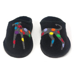 Haflinger wool slippers with rainbow spotted dog applique