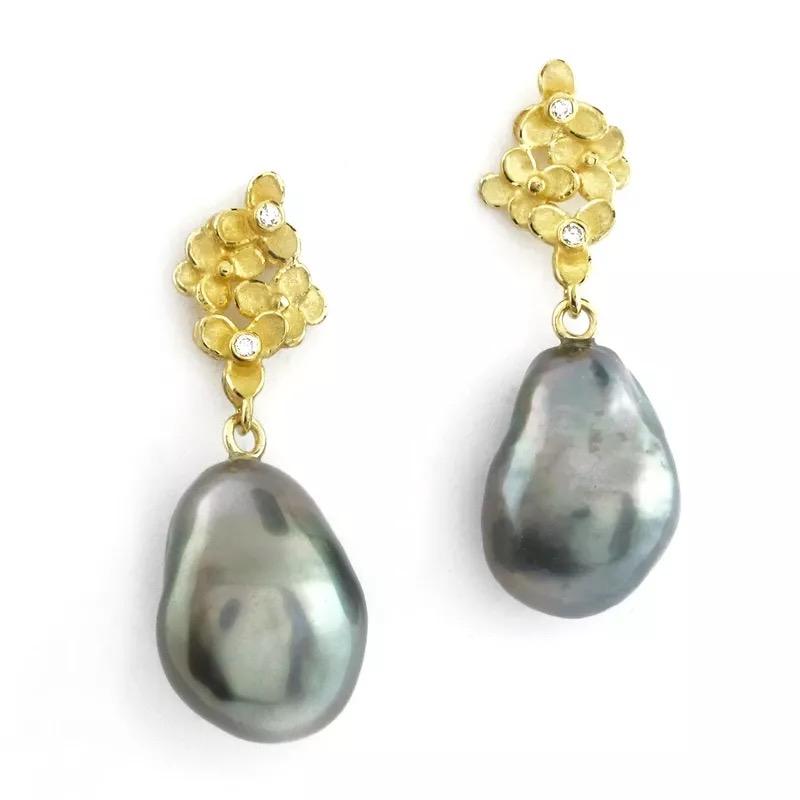 18 x 14.5mm Tahitian baroque pearl drop earrings with 18k yellow gold trillium and diamond cluster tops, 0.04 cttw