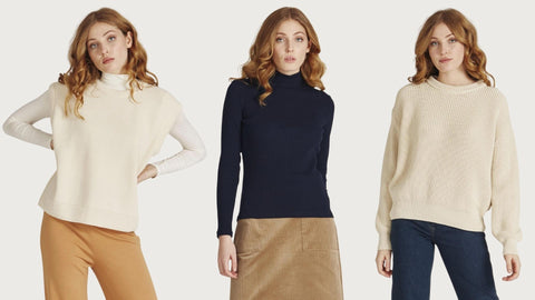 A collage of a woman wearing three different sweater from a fair fashion brand. On the left side the woman wears a beige slip over. In the middle the woman wears a black long sleeve. On the right side the woman wears a beige knit sweater.