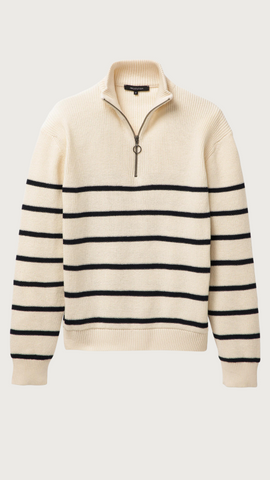 A sustainable blue and cream striped jumper with zip by the brand recolution.