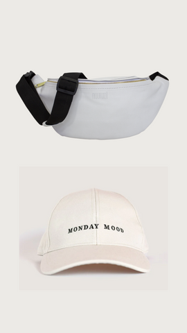 Vegan fanny pack made from an organic based leather alternative by the brand nuuwai and a beige cap made of 100% organic cotton.