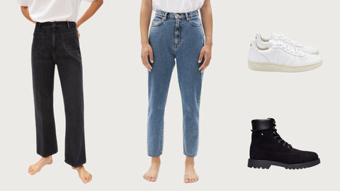 A collage with clothing from fair fashion brands. On the left side are two denim jeans in black and blue. On the right side are two pairs of shoes. In the top right corner is a white pair of sneakers and in the bottom right corner is a black boot.