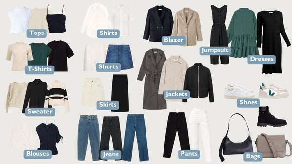 A collage with 35 sustainable clothing items of different categories. An example of a capsule wardrobe for fall and winter 2022.