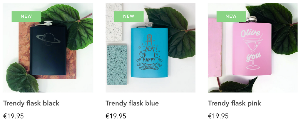 Trendy Flasks overview of coloured flasks that can be personalised