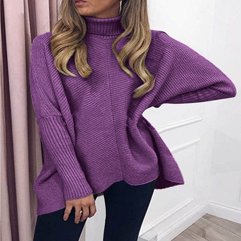 Contrasting Color Bat Sleeve Casual High Neck Ribbed Knit Top Pullover