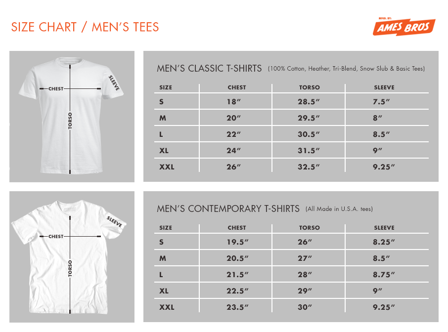 Men's T-Shirt Size Chart – Ames Bros