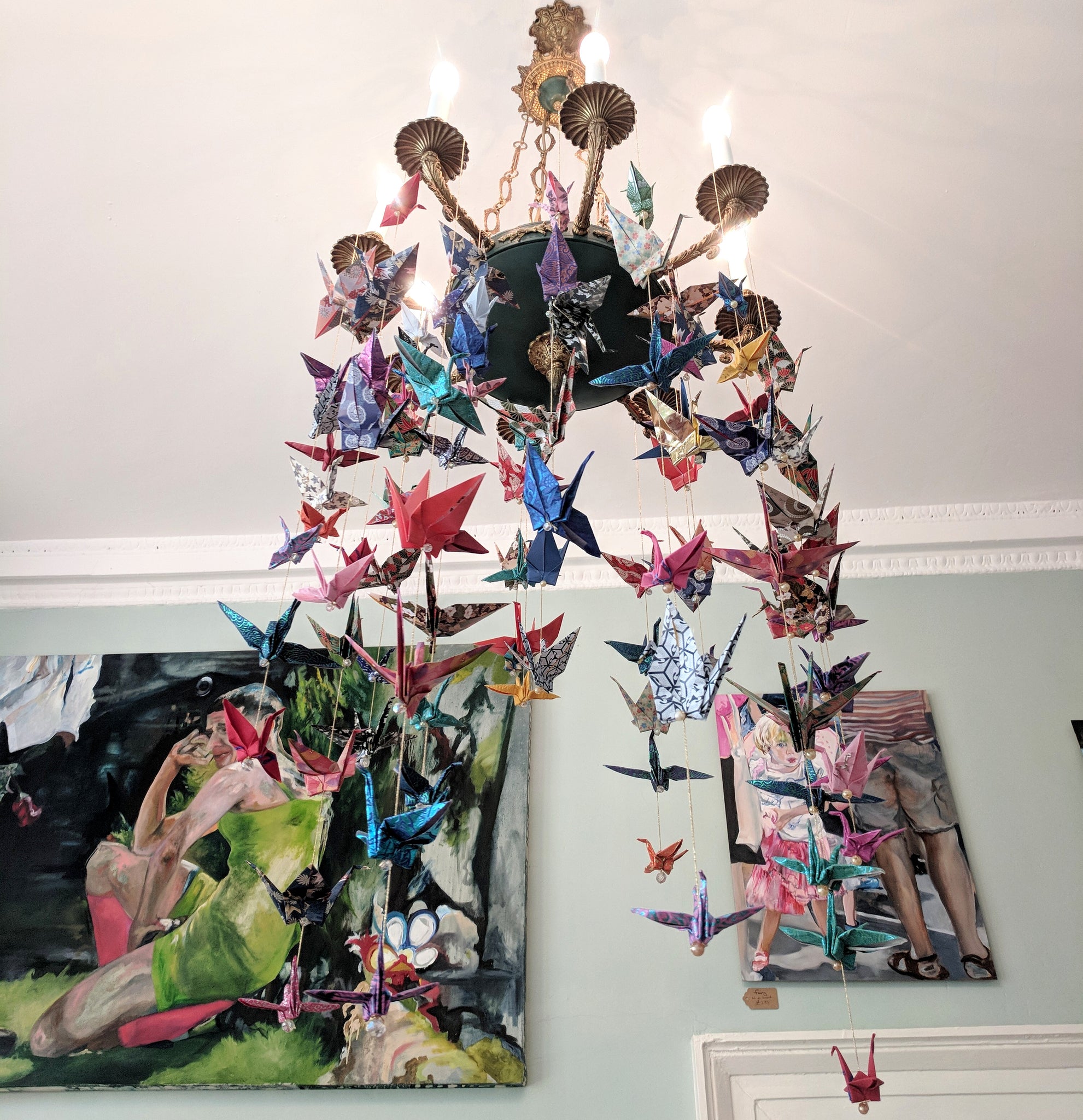 Chandelier decorated with Colourful Origami Cranes