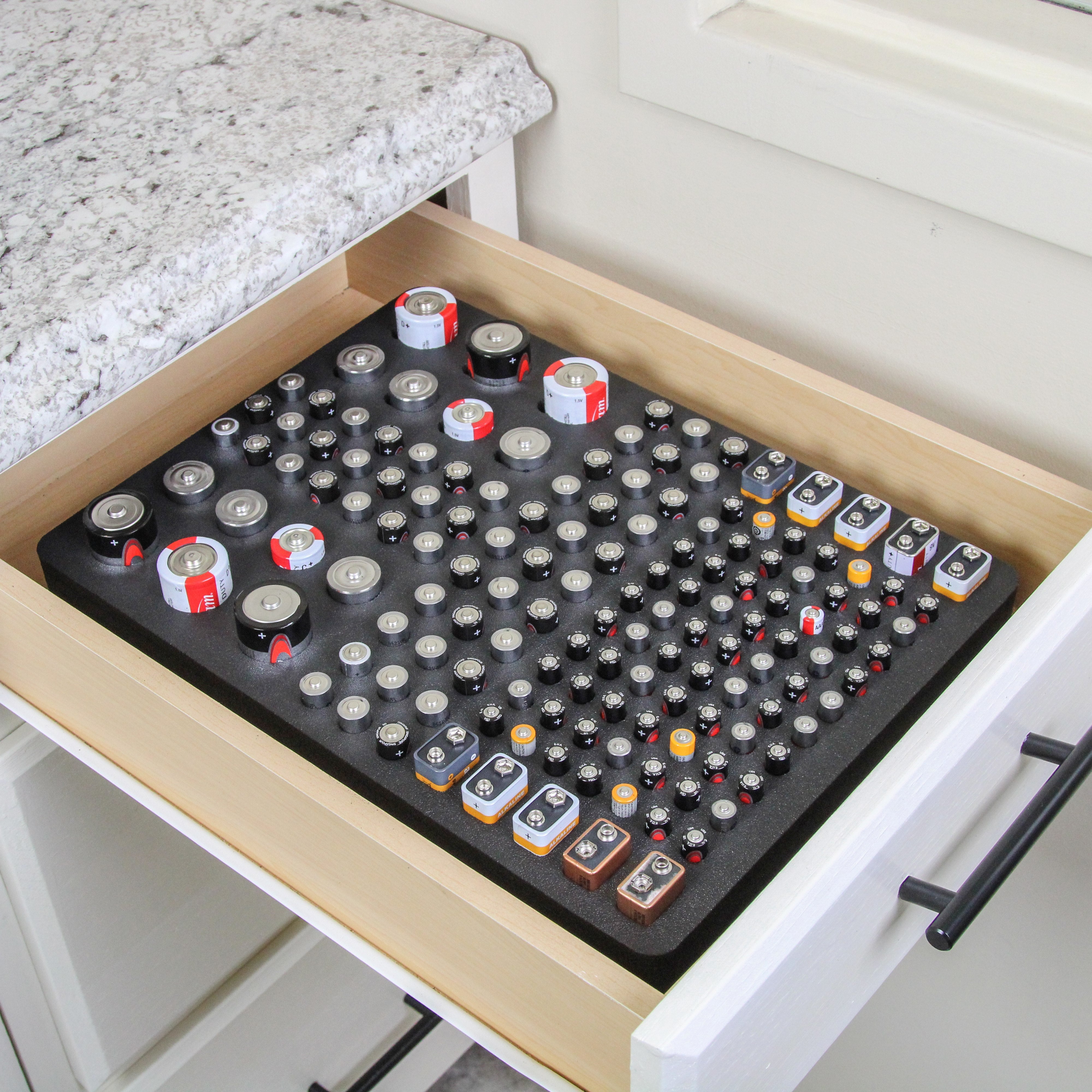 Battery Organizers Stand Durable Foam AA AAA C D 9V Insert for Home Office Workshop 10.9 x 14.9 X 2 Inches Holds 148 Batteries Washable Holder