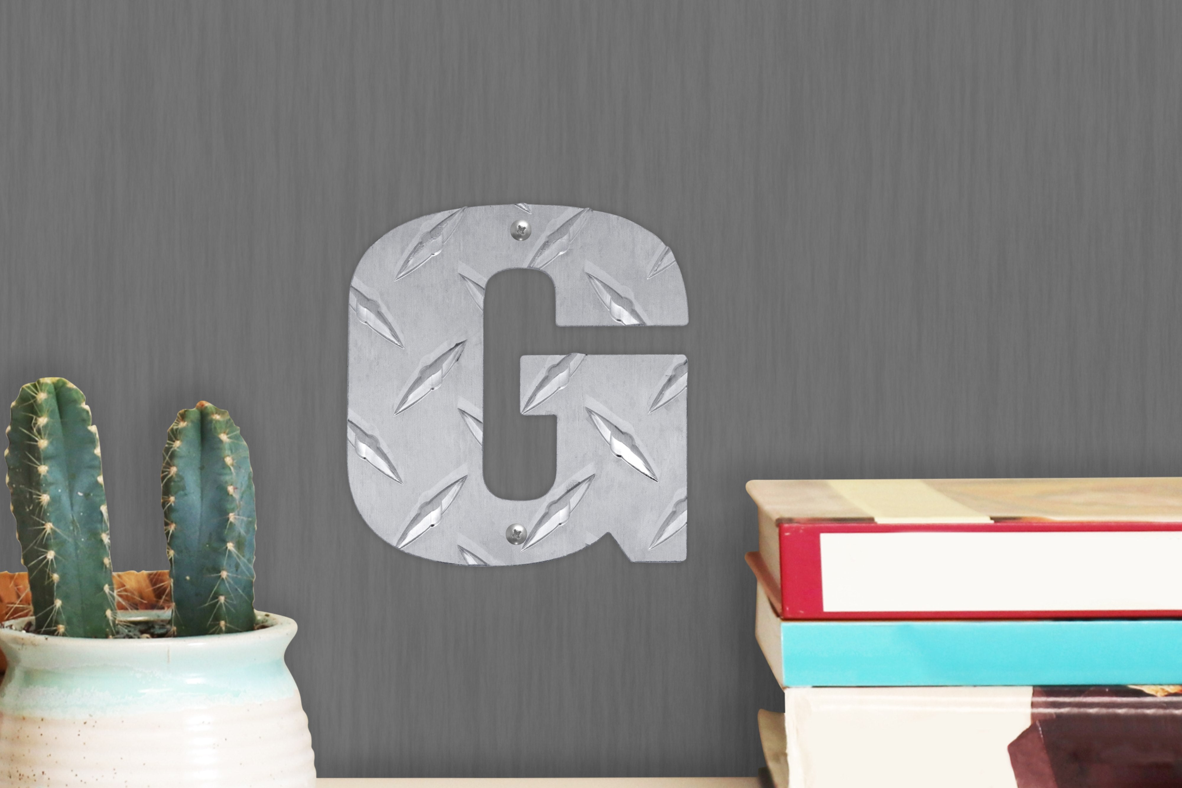Letter G Hanging Metal Wall Decor Durable Polished Aluminum Diamond Tread Pattern Indoor Outdoor with Mounting Hardware 4 Inches Tall