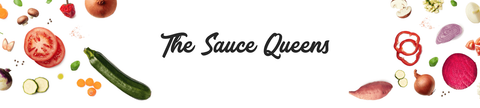 Picture of vegetables on white background and text reading "The Sauce Queens"